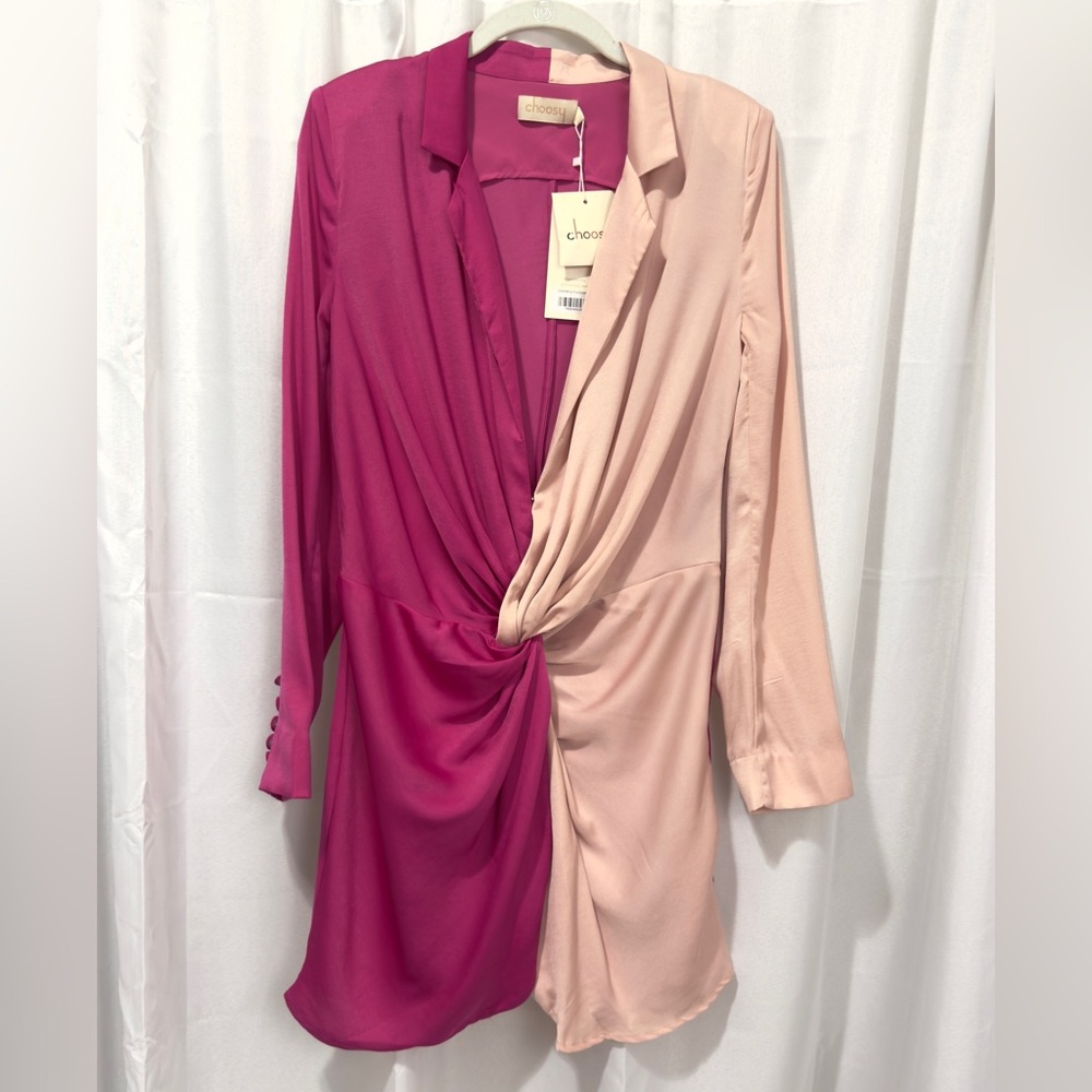 Chic Two-Tone Fuchsia/Blush Long Sleeve Crosby Street Dress Deep Neckline 6 NWT - Picture 2 of 9
